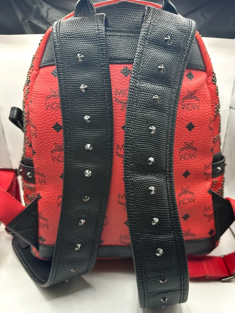 MCM Stark Red Leather Studded Backpack with Black Trim